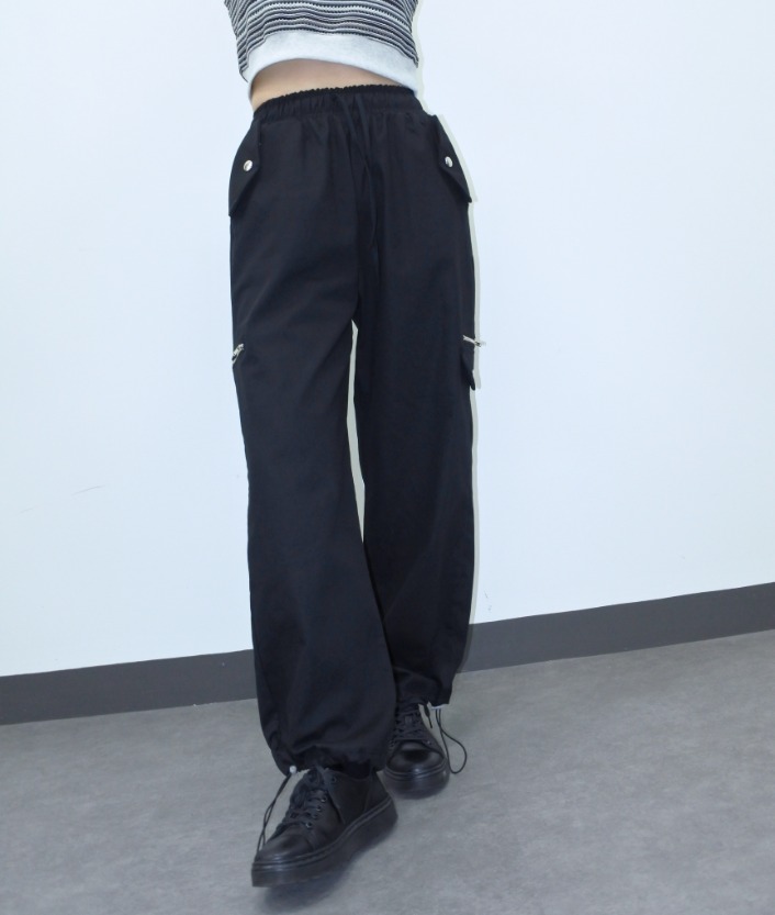 fold pocket zip string cotton pants (black)