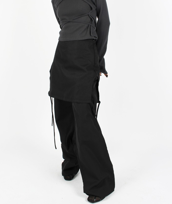 crispy skirt layered line pants (black)
